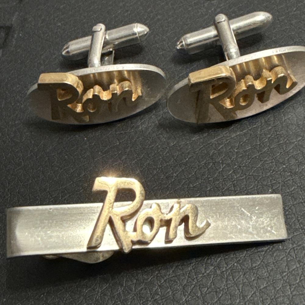 Vtg SWANK Cufflinks & Tie Clip Bar Clasp Set Silver & Gold Tone Personalized RON